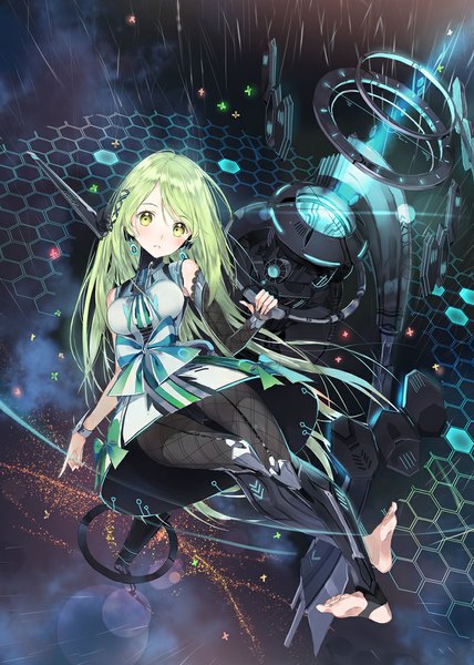 Anime picture 800x1120 with original macciatto (aciel02) single tall image looking at viewer blush fringe green eyes outdoors very long hair head tilt barefoot green hair night midriff night sky crossed legs lens flare flying pointing