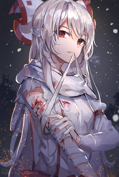 Anime picture 2480x3679 with touhou fujiwara no mokou unity (ekvmsp02) single long hair tall image looking at viewer fringe highres red eyes signed payot silver hair upper body outdoors long sleeves blurry night night sky mouth hold