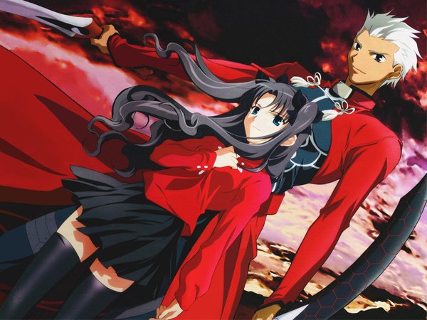 Anime picture 1600x1200 with fate (series) fate/stay night studio deen type-moon toosaka rin archer (fate) red background