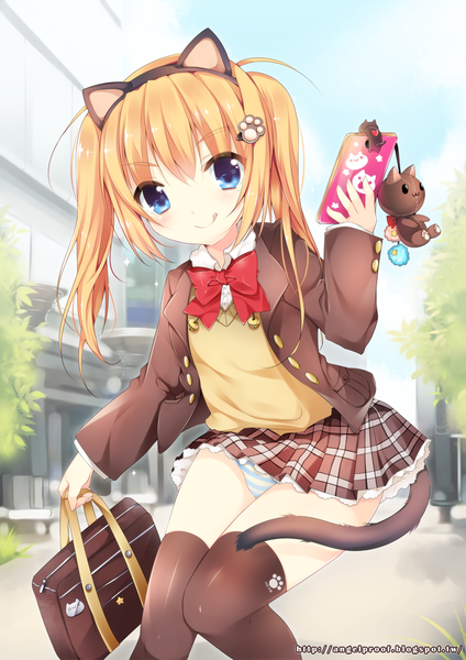 Anime picture 900x1273 with original usagihime single long hair tall image blush blue eyes light erotic blonde hair smile twintails animal ears tail animal tail cat ears cat girl cat tail pantyshot :p girl