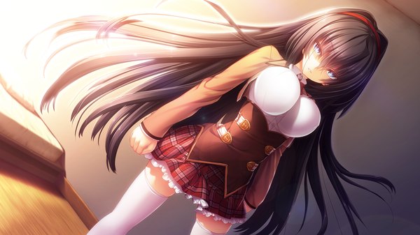 Anime picture 1280x720 with gleam garden no shoujo izumi sakurako char single long hair breasts blue eyes black hair wide image large breasts game cg zettai ryouiki girl thighhighs uniform school uniform white thighhighs hairband