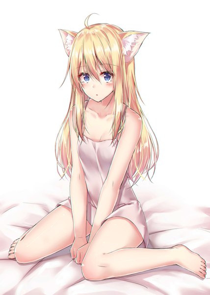 Anime picture 800x1120 with original akira (been0328) single long hair tall image blush fringe breasts blue eyes simple background blonde hair hair between eyes white background sitting bare shoulders animal ears looking away cleavage full body ahoge