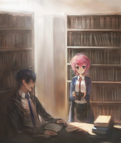 Anime picture 1280x1514 with original mins (minevi) tall image short hair open mouth smile standing sitting purple eyes blue hair pink hair indoors eyes closed pink eyes sunlight couple looking down girl boy uniform