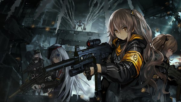 Anime picture 2560x1453 with girls frontline hk416 (girls frontline) ump45 (girls frontline) ump9 (girls frontline) g11 (girls frontline) ouroboros (girls frontline) infukun long hair looking at viewer fringe highres hair between eyes brown hair wide image standing multiple girls holding brown eyes green eyes blue hair