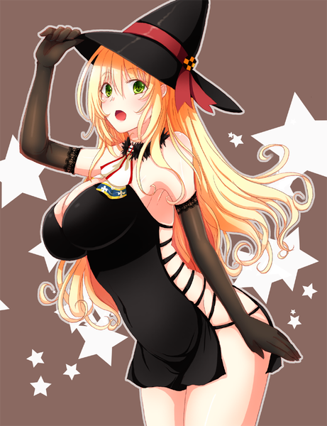 Anime picture 700x910 with kantai collection atago heavy cruiser sotogawa max single long hair tall image looking at viewer blush fringe breasts open mouth light erotic blonde hair large breasts bare shoulders green eyes cleavage no panties halloween brown background