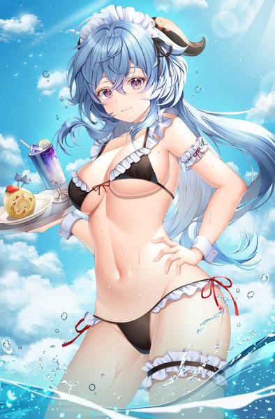 Anime picture 1500x2284 with genshin impact ganyu (genshin impact) ssong2 single long hair tall image looking at viewer blush fringe breasts light erotic smile hair between eyes large breasts standing purple eyes holding payot blue hair sky