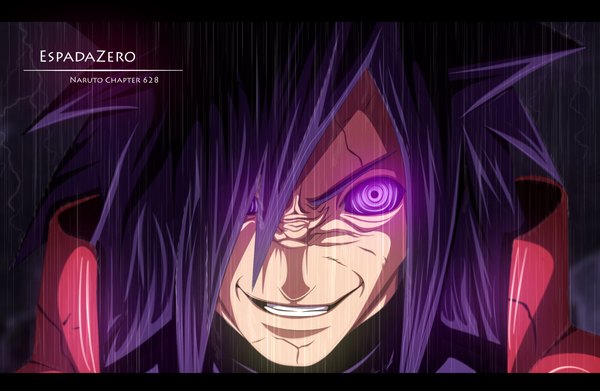 Anime picture 2300x1500 with naruto studio pierrot naruto (series) uchiha madara espadazero single long hair fringe highres smile purple eyes purple hair hair over one eye grin coloring letterboxed close-up rain face rinnegan