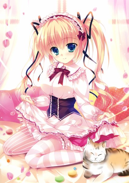 Anime picture 2327x3300 with original eshi 100-nin ten mikeou single long hair tall image looking at viewer blush highres blue eyes blonde hair smile sitting twintails ponytail light smile sunlight scan girl thighhighs