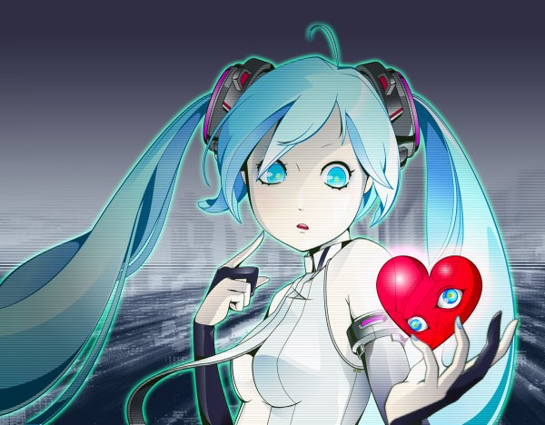 Anime picture 1200x937 with vocaloid vocaloid append hatsune miku hatsune miku (append) hiroyuki takahashi single long hair open mouth blue eyes twintails bare shoulders blue hair ahoge nail polish multicolored hair pale skin girl gloves necktie heart