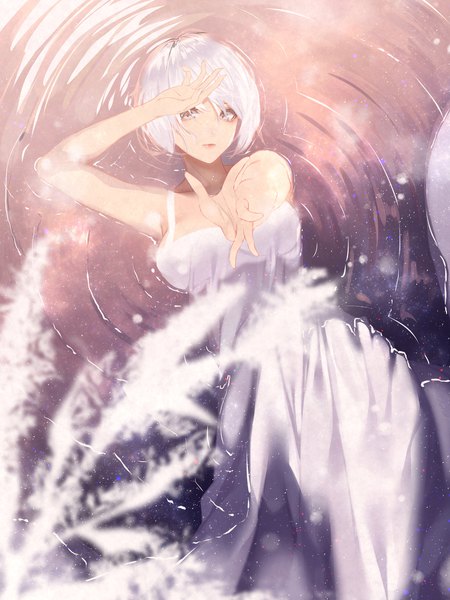 Anime picture 1500x2000 with original kisui single tall image looking at viewer blush fringe short hair breasts hair between eyes silver hair lying from above lips blurry on back hand on head outstretched hand silver eyes ripples