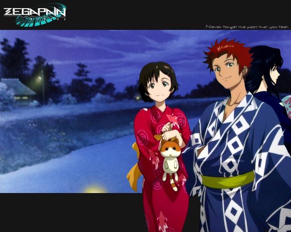 Anime picture 1280x1024 with zegapain kaminagi ryouko misaki shizuno sogoru kyou looking at viewer black hair smile brown hair multiple girls red hair traditional clothes japanese clothes night copyright name third-party edit screencap redraw girl boy 2 girls animal