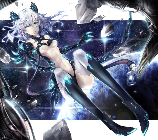 Anime picture 1500x1329 with original pokimari single looking at viewer short hair breasts blue eyes light erotic silver hair midriff space girl thighhighs navel hair ornament white thighhighs boots planet claws