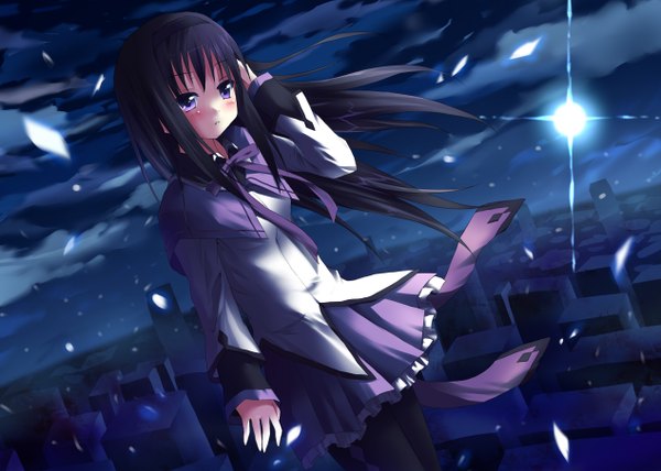 Anime picture 1268x906 with mahou shoujo madoka magica shaft (studio) akemi homura hane riu single long hair black hair purple eyes sky cloud (clouds) girl moon