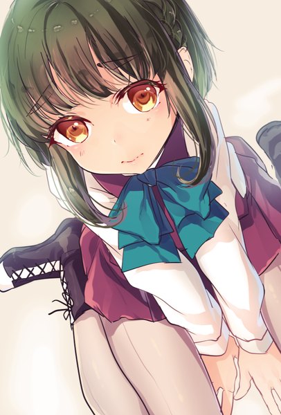 Anime picture 671x991 with kantai collection takanami (kantai collection) kyara36 tall image looking at viewer blush fringe short hair simple background sitting brown eyes braid (braids) long sleeves green hair from above embarrassed girl uniform school uniform bowtie