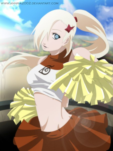 Anime picture 1100x1467 with naruto studio pierrot naruto (series) yamanaka ino single tall image looking at viewer fringe blue eyes blonde hair bare shoulders very long hair profile hair over one eye open clothes midriff cheerleader girl skirt hair ornament