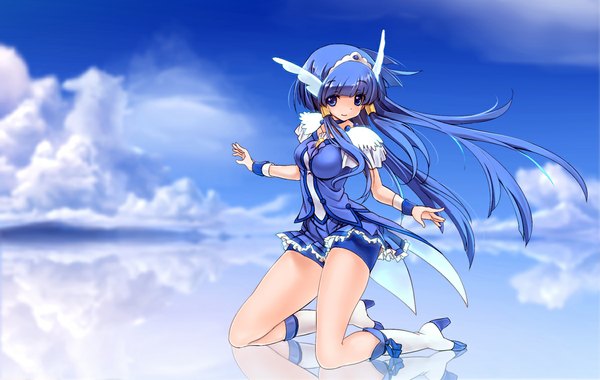 Anime picture 1197x759 with precure smile precure! toei animation aoki reika cure beauty sora to umi single long hair blue eyes blue hair sky cloud (clouds) reflection girl skirt miniskirt boots tiara