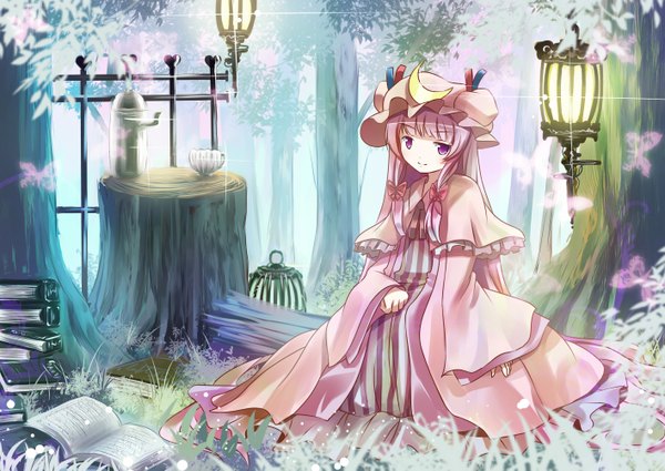 Anime picture 1416x1003 with touhou patchouli knowledge single long hair purple eyes purple hair girl dress plant (plants) tree (trees) book (books) insect butterfly bonnet