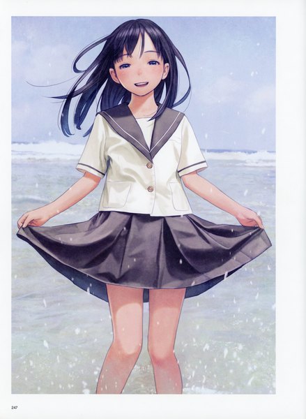 Anime picture 5092x6966 with original futurelog (artbook) range murata single long hair tall image looking at viewer fringe highres open mouth black hair smile standing absurdres sky :d pleated skirt wind black eyes scan