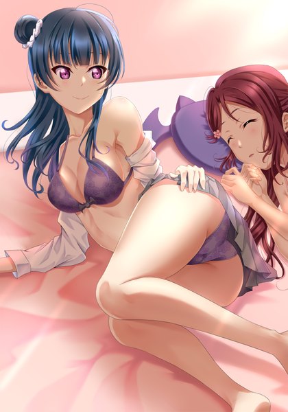 Anime picture 2594x3705 with love live! sunshine!! sunrise (studio) love live! sakurauchi riko tsushima yoshiko yohane yoshiko long hair tall image blush fringe highres light erotic smile hair between eyes purple eyes bare shoulders multiple girls blue hair looking away cleavage