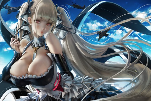 Anime picture 3500x2333 with azur lane formidable (azur lane) sakimichan single long hair looking at viewer blush fringe highres breasts open mouth light erotic red eyes large breasts standing twintails bare shoulders payot absurdres sky