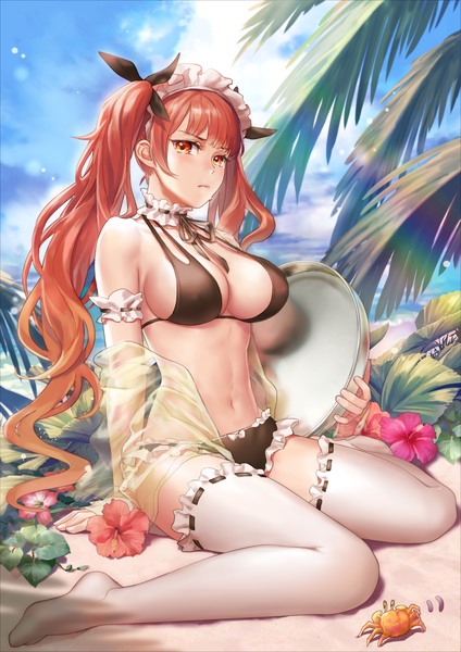 Anime picture 2480x3507 with azur lane honolulu (azur lane) honolulu (summer accident?!) (azur lane) yumao (miaowuxiaoxue) single long hair tall image looking at viewer blush fringe highres breasts light erotic large breasts sitting twintails holding sky cloud (clouds) outdoors