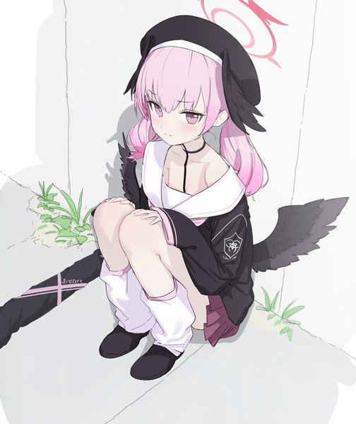 Anime picture 1422x1694 with blue archive koharu (blue archive) wasabi60 single long hair tall image blush fringe hair between eyes sitting twintails pink hair pink eyes from above black wings head wings against wall girl uniform wings