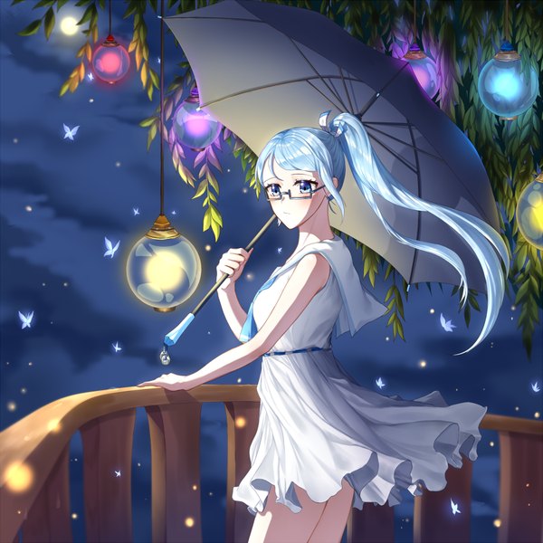 Anime picture 900x900 with original hm (wonhml) single long hair blush fringe blue eyes hair between eyes standing bare shoulders holding payot blue hair looking away cloud (clouds) outdoors ponytail wind night night sky
