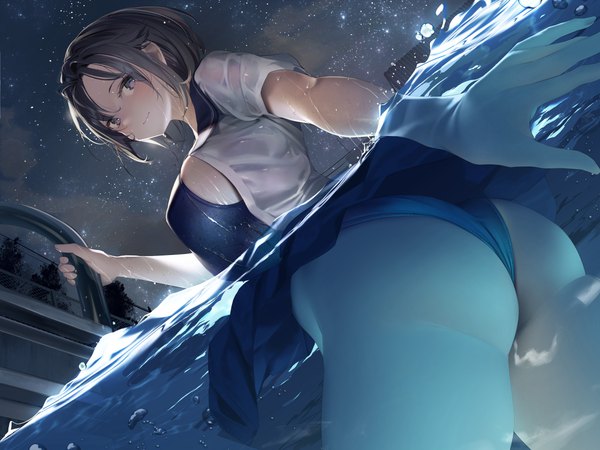 Anime picture 6000x4500 with original kaede (sayappa) single looking at viewer blush fringe highres short hair breasts light erotic smile large breasts absurdres ass grey hair from behind night open clothes from below short sleeves