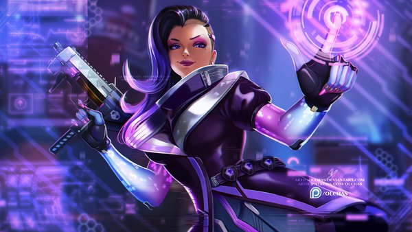 Anime picture 1100x620 with overwatch blizzard entertainment sombra (overwatch) olchas single long hair looking at viewer black hair smile wide image purple eyes purple hair upper body nail polish multicolored hair mole two-tone hair mole under eye lipstick eyeshadow