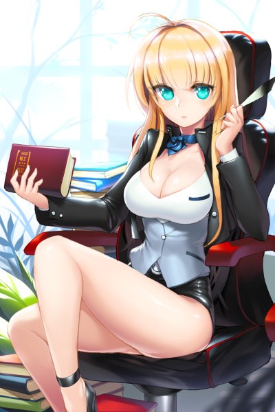 Anime picture 800x1200 with sword girls helena k sink snowball22 single long hair tall image looking at viewer breasts blue eyes light erotic blonde hair large breasts sitting ahoge legs girl dress book (books)