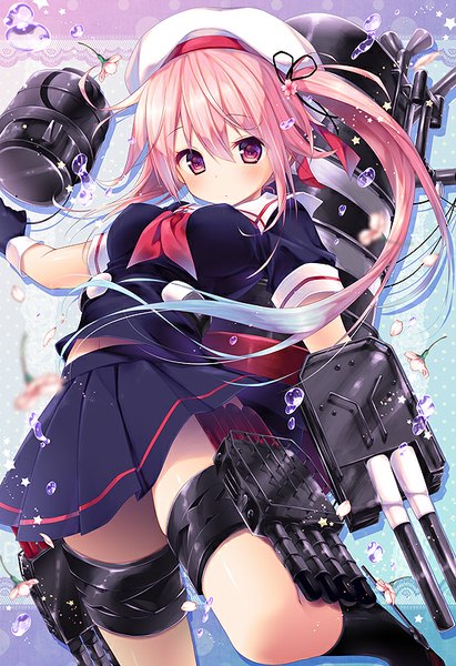 Anime picture 548x800 with kantai collection harusame destroyer konomi (kino konomi) single long hair tall image blush pink hair ponytail pleated skirt pink eyes side ponytail girl skirt gloves flower (flowers) weapon black gloves beret sailor suit
