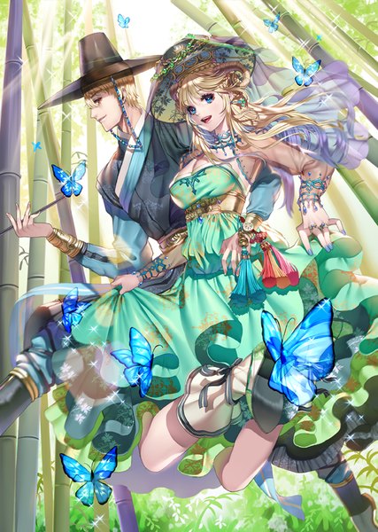 Anime picture 600x842 with original ruhee long hair tall image short hair open mouth blue eyes blonde hair red eyes multiple girls horn (horns) couple girl dress 2 girls plant (plants) hat insect butterfly bamboo