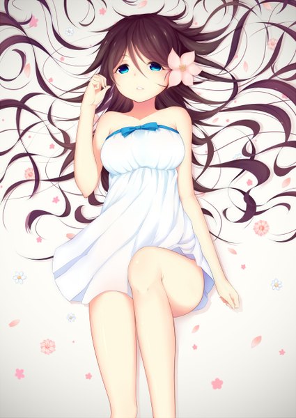 Anime picture 1800x2541 with original jie single tall image highres blue eyes light erotic simple background brown hair white background bent knee (knees) lying very long hair hair flower on back legs girl dress hair ornament flower (flowers)