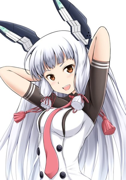Anime picture 600x855 with kantai collection murakumo destroyer fuuma nagi single long hair tall image blush breasts open mouth simple background smile white background brown eyes white hair blunt bangs teeth armpit (armpits) short sleeves looking down arms behind head