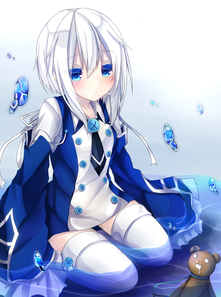 Anime picture 1000x1340 with pandora hearts xebec echo (pandora hearts) yamine kuro single long hair tall image looking at viewer blush fringe blue eyes hair between eyes sitting white hair hands in sleeves girl thighhighs dress ribbon (ribbons) white thighhighs