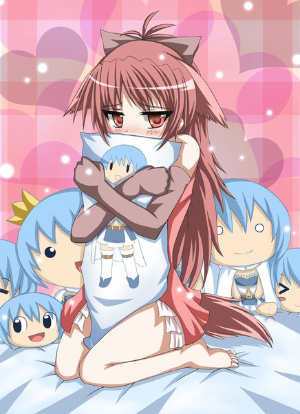 Anime picture 2040x2806 with mahou shoujo madoka magica shaft (studio) sakura kyouko miki sayaka long hair tall image blush highres red eyes animal ears red hair girl gloves elbow gloves pillow