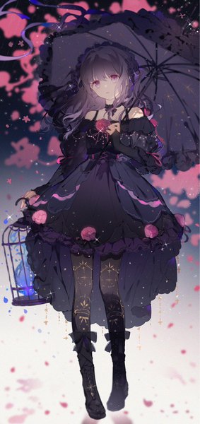 Anime picture 1429x3031 with original qianqianjie single long hair tall image looking at viewer fringe open mouth black hair hair between eyes standing purple eyes bare shoulders holding full body sparkle lolita fashion goth-loli lace-up boots girl