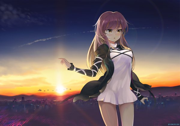 Anime picture 2953x2079 with touhou hijiri byakuren ame (uten cancel) single long hair blush fringe highres breasts blonde hair large breasts standing signed yellow eyes parted lips sunlight night open clothes open jacket night sky