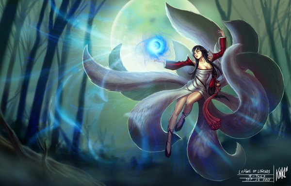 Anime picture 2000x1283 with league of legends ahri (league of legends) knockwurst single long hair highres breasts light erotic black hair bare shoulders animal ears yellow eyes tail traditional clothes legs magic fox girl multiple tails girl dress