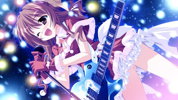 Anime picture 2048x1152 with yotsuiro passionato! skyfish (studio) matsuoka kanade hinata mutsuki single highres open mouth red eyes brown hair wide image game cg one eye closed wink snowing ;d singing girl microphone guitar microphone stand
