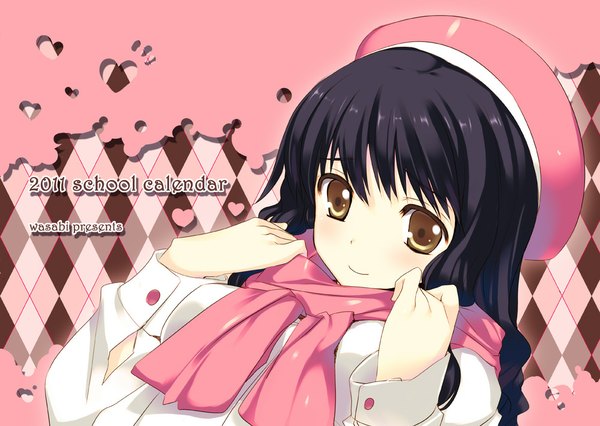 Anime picture 1000x710 with original tatami to hinoki single long hair looking at viewer blush black hair smile signed yellow eyes inscription pink background rhombus girl heart scarf beret