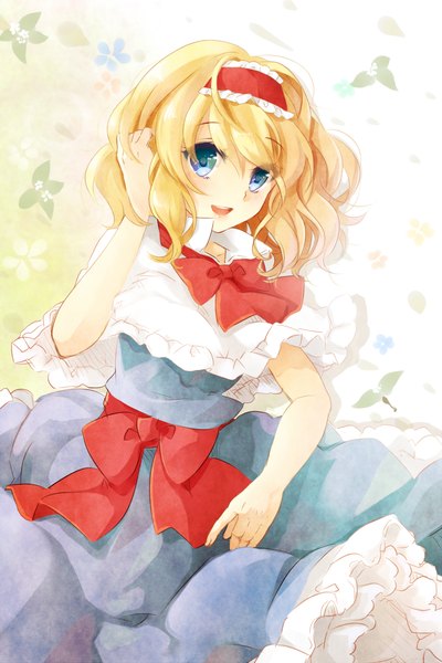 Anime picture 1000x1500 with touhou alice margatroid puracotte single tall image looking at viewer blush short hair open mouth blue eyes blonde hair smile hand on head girl dress flower (flowers) hairband