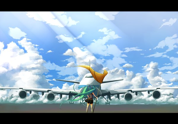 Anime picture 2000x1400 with vocaloid hatsune miku haz first music long hair highres twintails sky cloud (clouds) green hair girl skirt miniskirt flag aircraft airplane