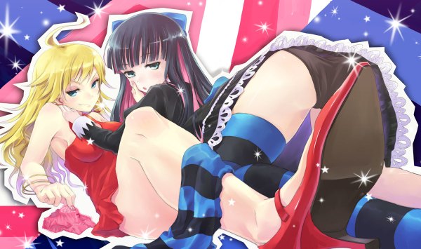 Anime picture 1200x710 with panty & stocking with garterbelt anarchy stocking anarchy panty hyuuga azuri long hair looking at viewer blush open mouth light erotic blonde hair wide image multiple girls green eyes ahoge multicolored hair colored inner hair girl thighhighs dress underwear