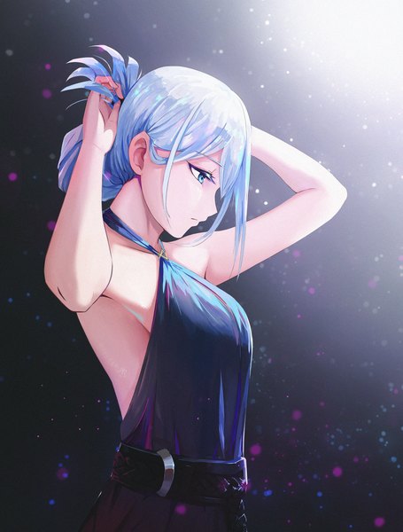 Anime picture 1706x2250 with girls frontline an-94 (girls frontline) an-94 (silent rouge) (girls' frontline) gan-viking single long hair tall image fringe highres breasts blue eyes simple background hair between eyes standing silver hair profile arms up official alternate costume adjusting hair looking down