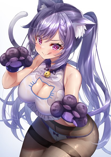 Anime picture 1447x2046 with genshin impact keqing (genshin impact) tenton (henatyo) single long hair tall image looking at viewer blush fringe breasts light erotic simple background smile large breasts bare shoulders animal ears payot purple hair tail animal tail