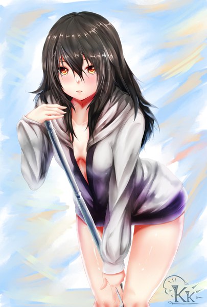 Anime picture 2362x3496 with strike the blood himeragi yukina kb-5 single long hair tall image looking at viewer blush fringe highres breasts light erotic black hair hair between eyes holding signed yellow eyes payot sky cloud (clouds)