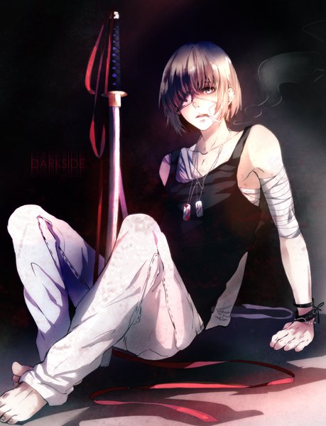 Anime picture 1000x1305 with shingeki no kyojin production i.g armin arlert saito yukihiro single tall image fringe short hair blonde hair simple background sitting barefoot inscription grey eyes alternate costume smoke smoking boy ribbon (ribbons) weapon