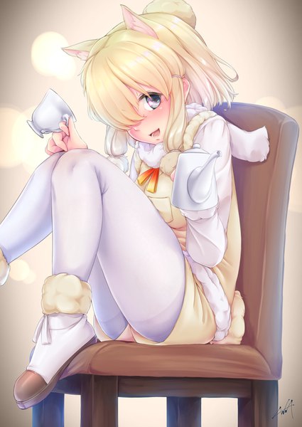 Anime picture 1254x1771 with kemono friends alpaca suri (kemono friends) kurofude anna single tall image looking at viewer blush fringe short hair open mouth blonde hair smile sitting holding animal ears long sleeves hair over one eye fur trim silver eyes girl