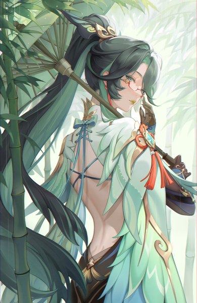 Anime picture 1331x2048 with genshin impact cloud retainer (genshin impact) xianyun (genshin impact) minzu u single long hair tall image blue eyes black hair outdoors ponytail multicolored hair green hair from behind two-tone hair lipstick back colored inner hair bare back dimples of venus